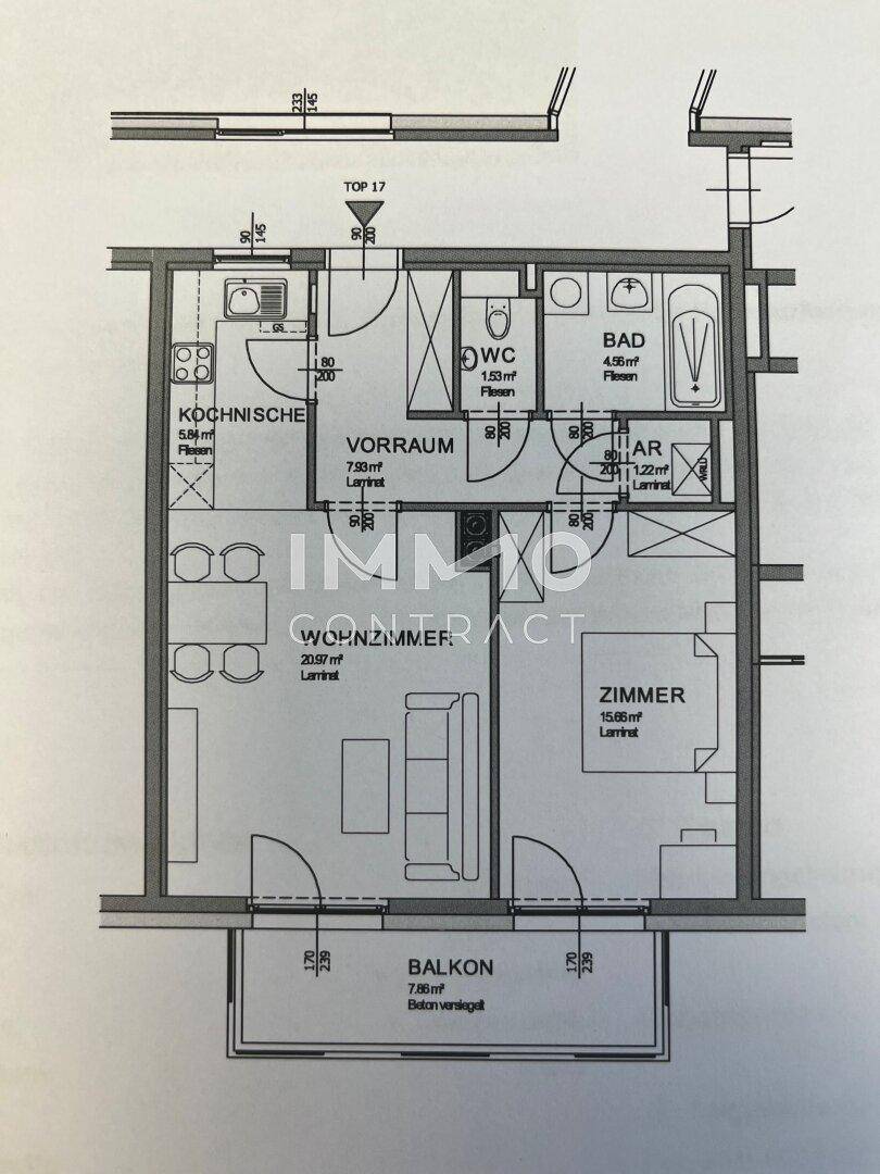 Grundrissplan einer Wohnung mit Küche, Wohnzimmer, Schlafzimmer, Bad und Balkon.