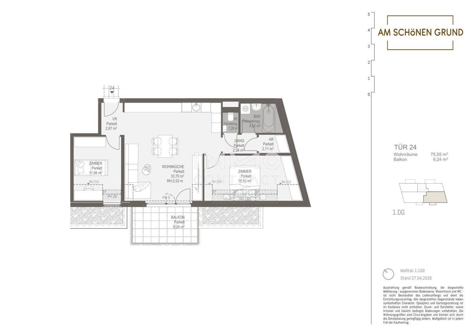 Detaillierter Grundriss einer Wohnung mit offener Wohnküche, zwei Zimmern, einem Bad und einem Balkon.