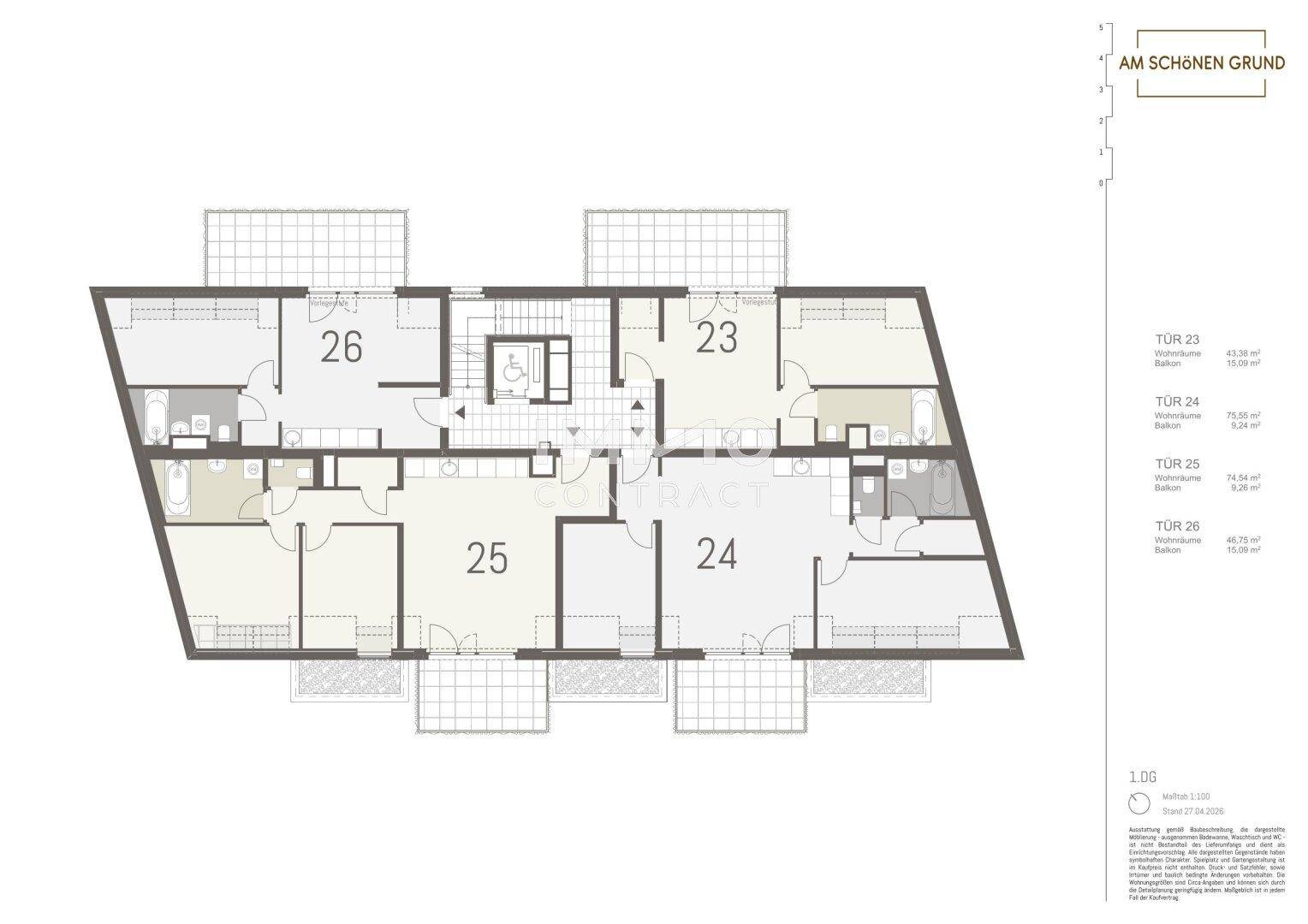 Detaillierter Grundrissplan einer Etage mit vier Wohneinheiten, jeweils mit Balkonzugang und Aufzug.