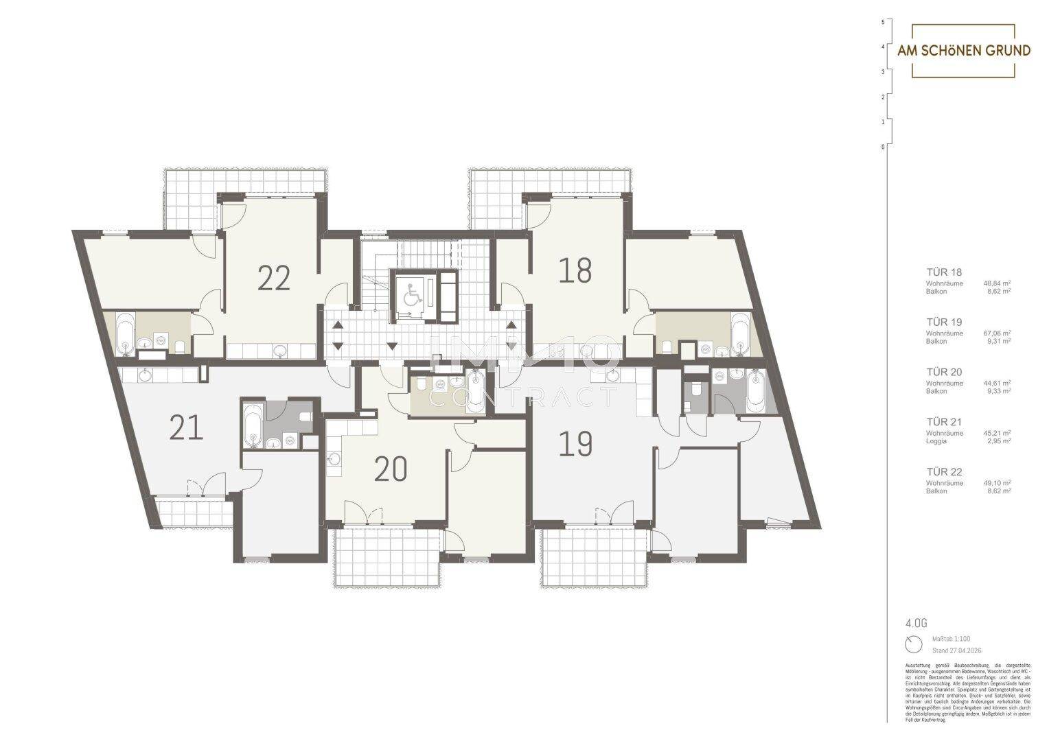 Übersichtsgrundriss einer Etage mit mehreren Wohneinheiten, Balkonen und Loggien.