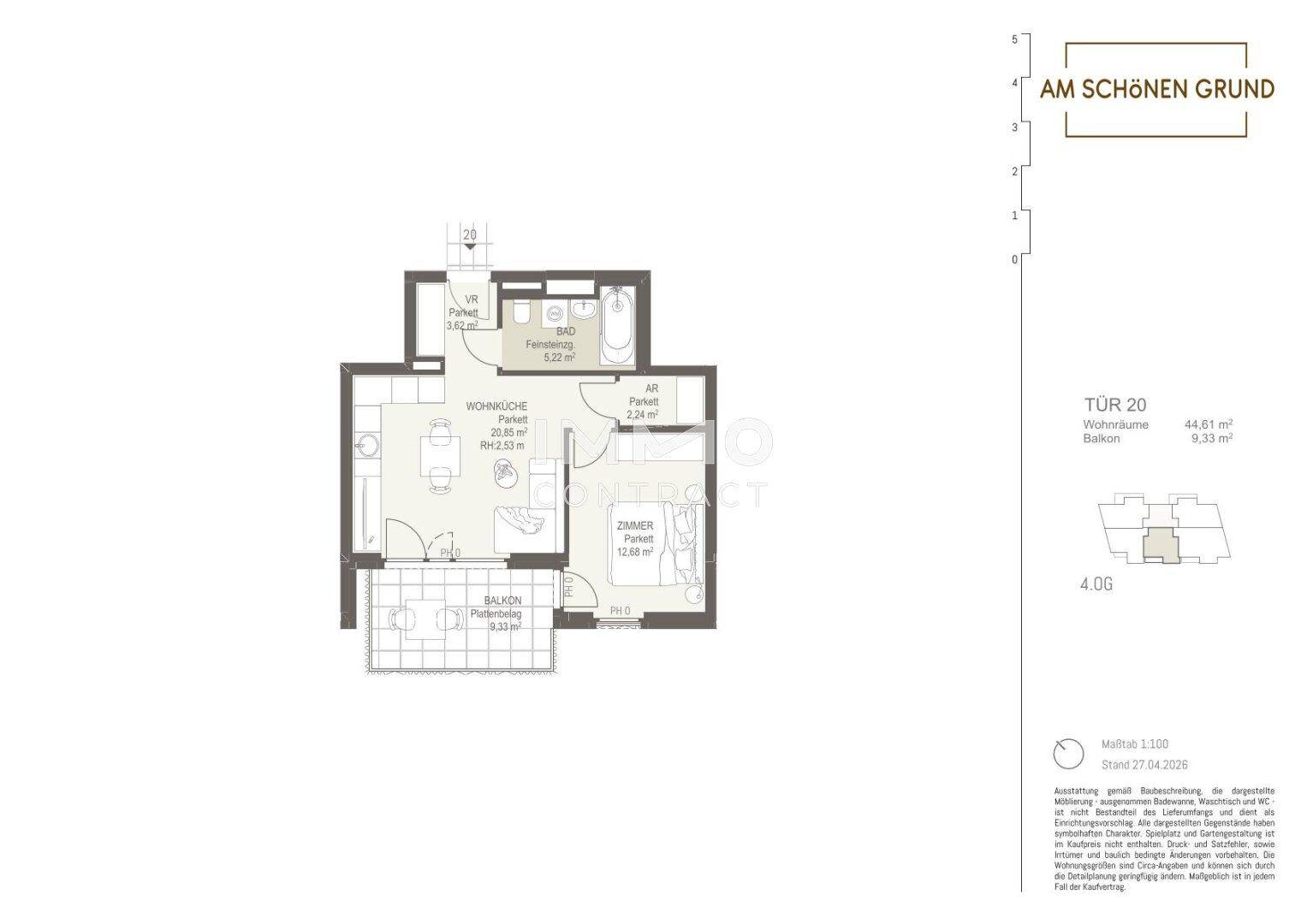 Detaillierter Grundriss einer 2-Zimmer-Wohnung mit Balkon und offenem Wohnküchenbereich.