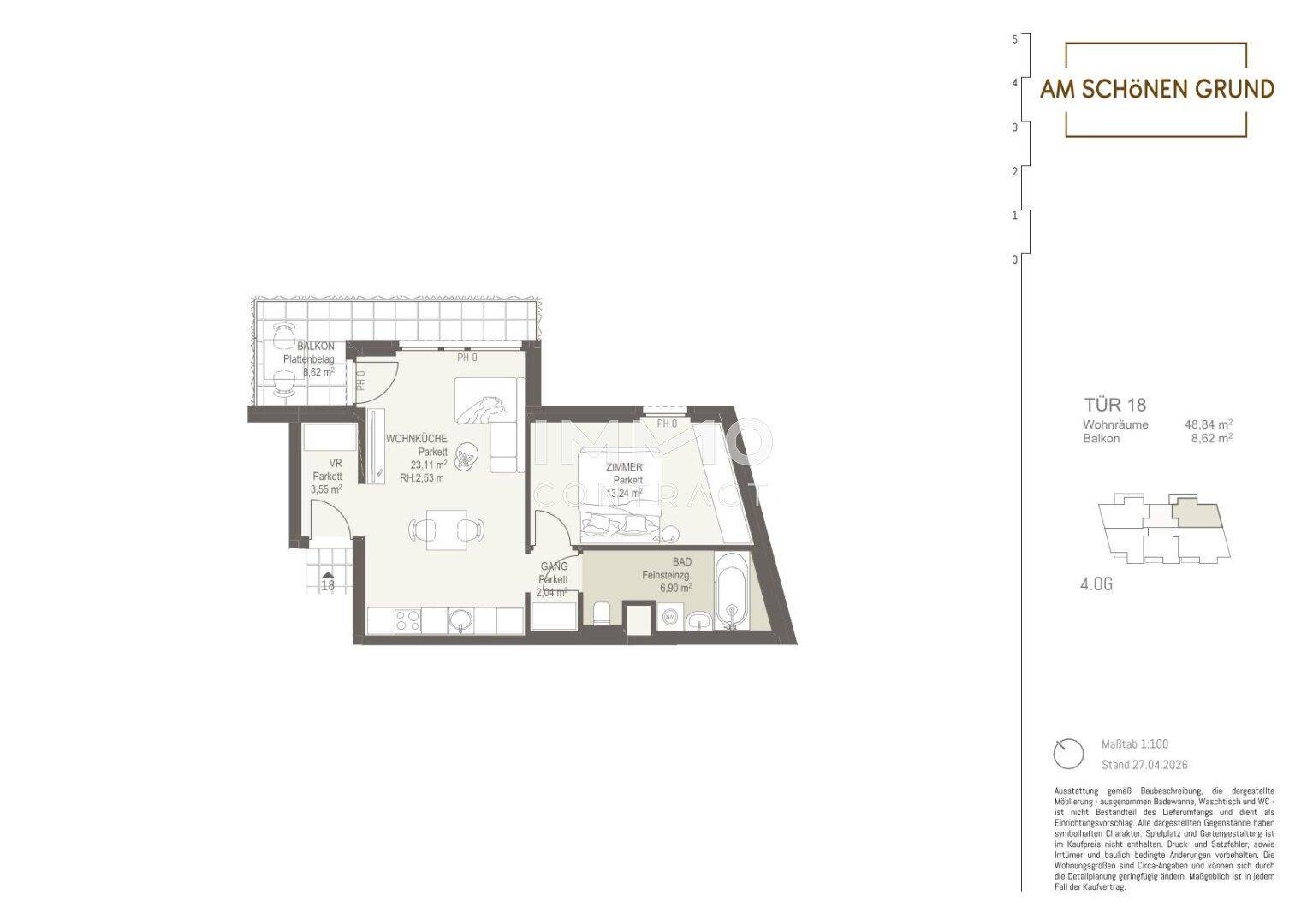 Detaillierter Grundriss der Wohneinheit TÜR 18 mit offenem Wohnbereich, Schlafzimmer und Balkon.
