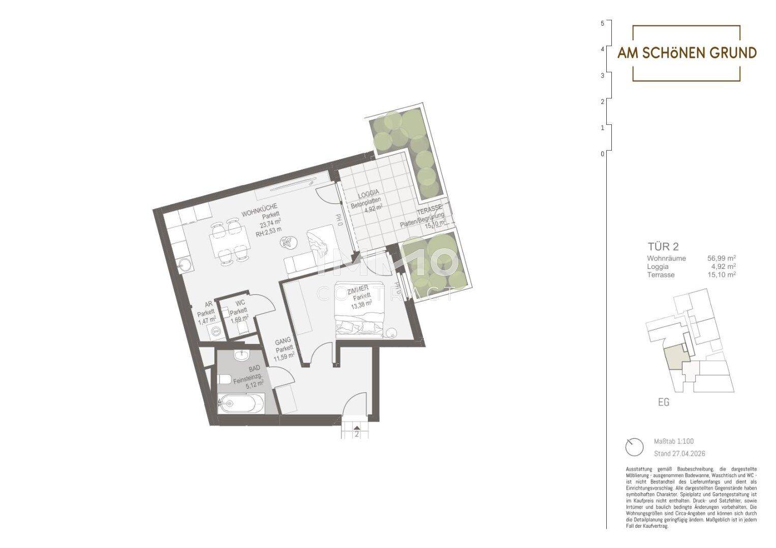 Grundriss der Wohneinheit Tür 2 mit Wohnküche, Schlafzimmer, Loggia und Terrasse.