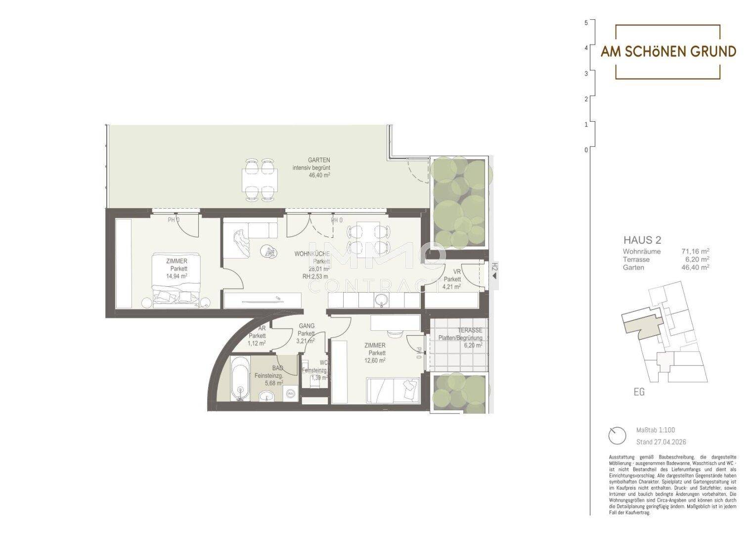 Detaillierter Grundriss von Haus 2 mit Wohnzimmer, Schlafzimmer, Bad und großer Terrasse mit Garten.