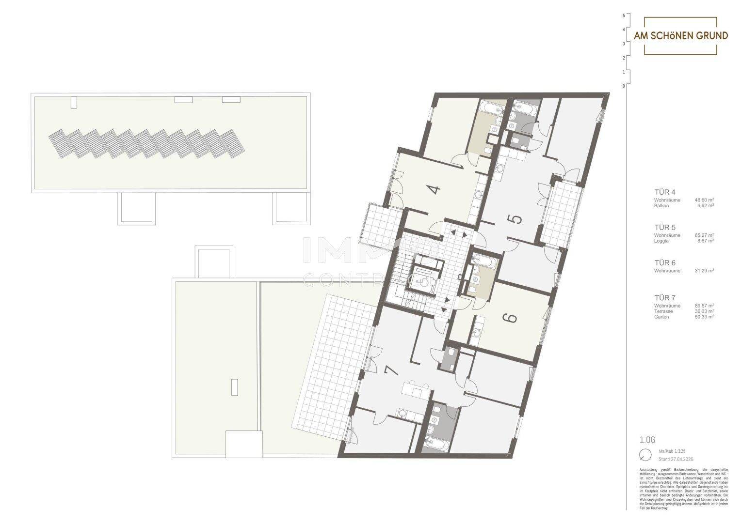 Übersichtsplan eines Geschosses mit mehreren Wohneinheiten, Balkonen, Loggien und Gartenbereichen.