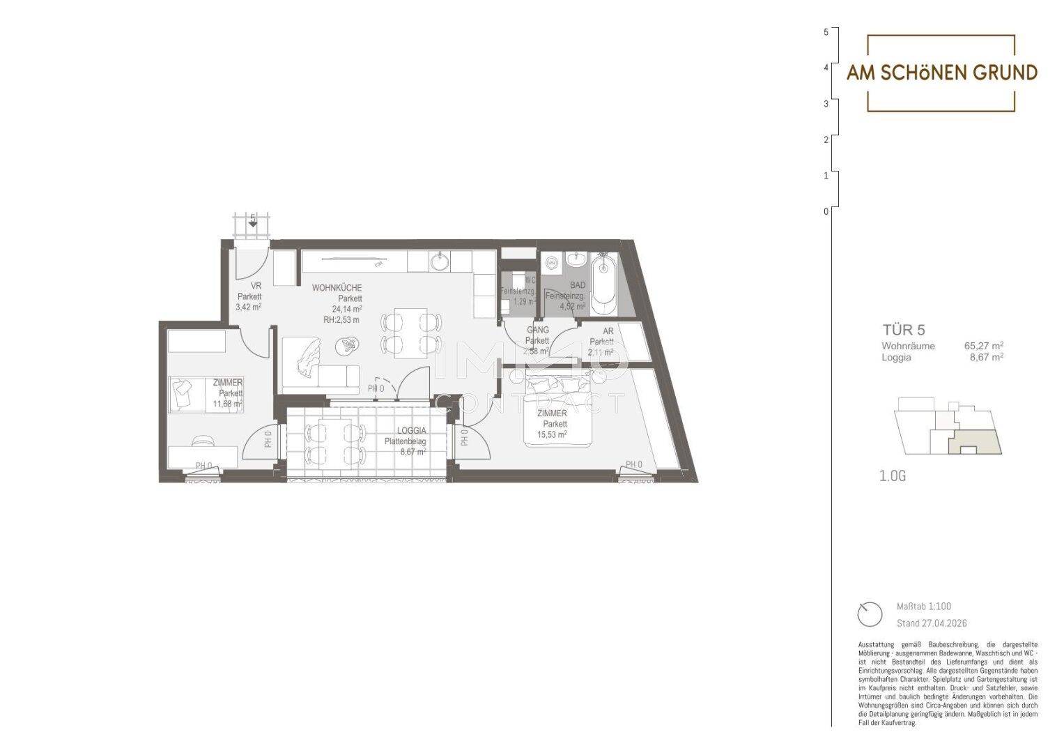 Grundriss einer modernen Wohnung mit offener Wohnküche, zwei Schlafzimmern und einer Loggia.