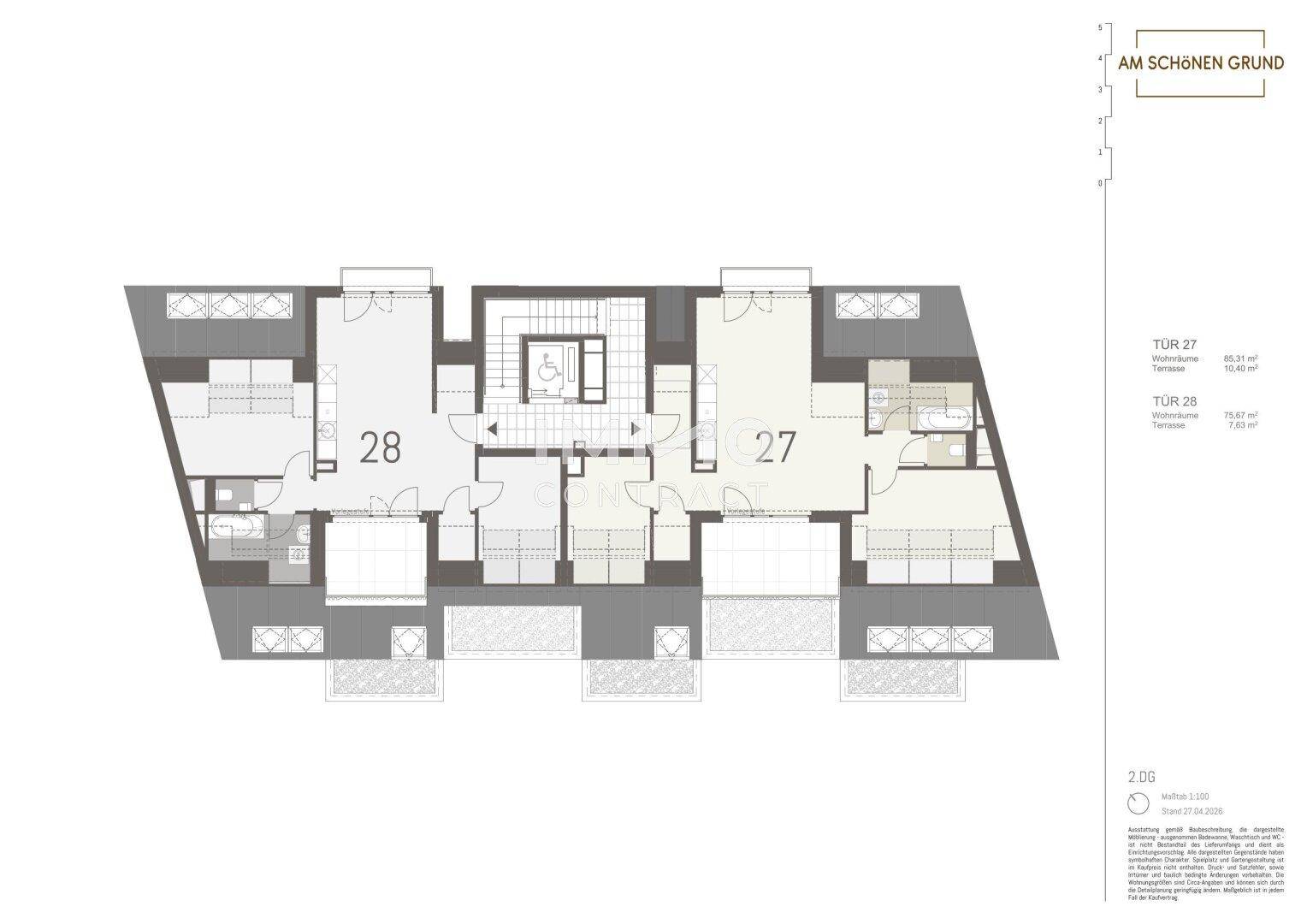 Übersichts-Grundriss zweier Wohnungen auf einer Etage mit zentralem Treppenhaus und Aufzug.