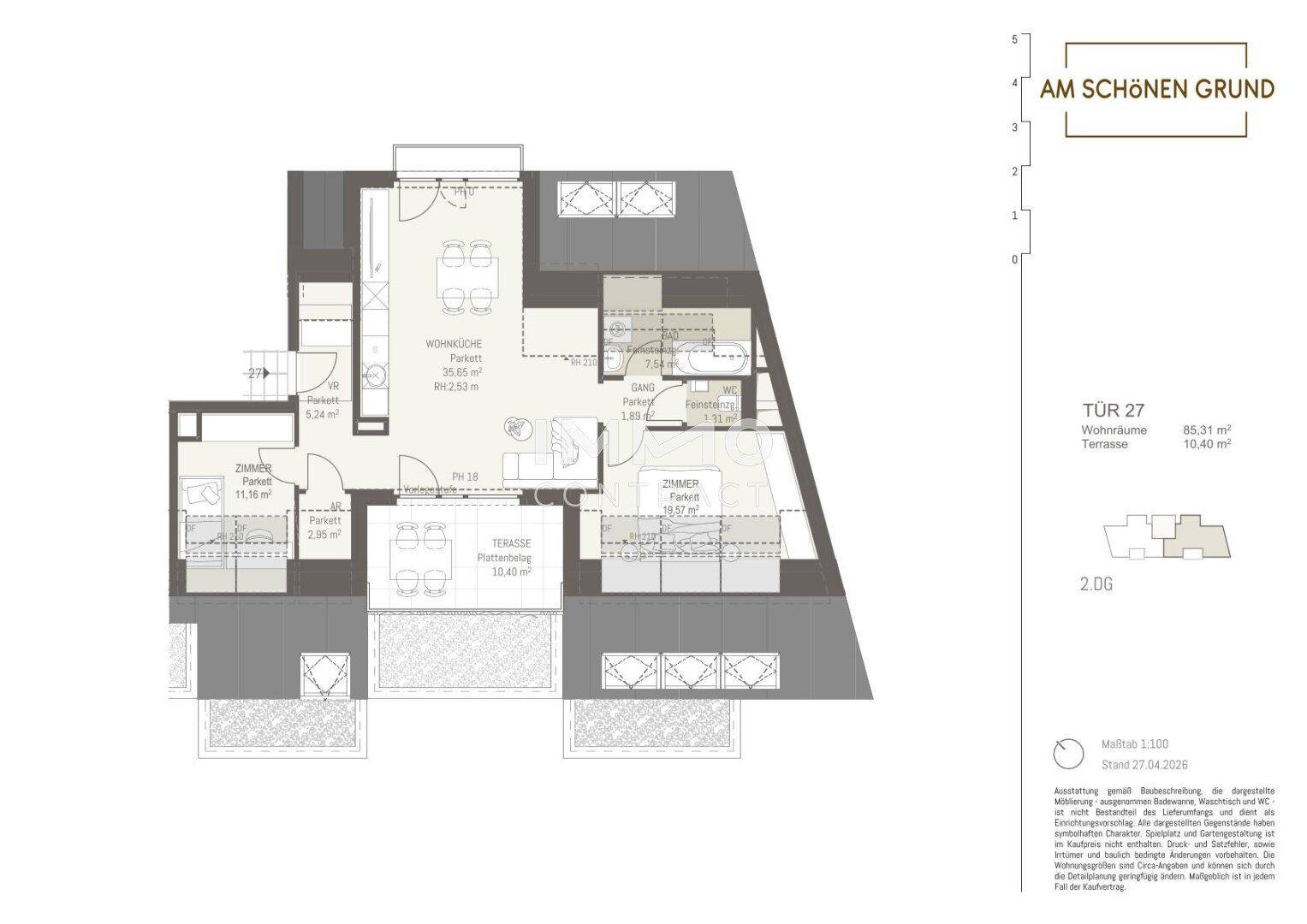 Detaillierter Grundriss der Wohnung TÜR 27 mit offenem Wohnbereich, zwei Schlafzimmern und zwei Terrassen.