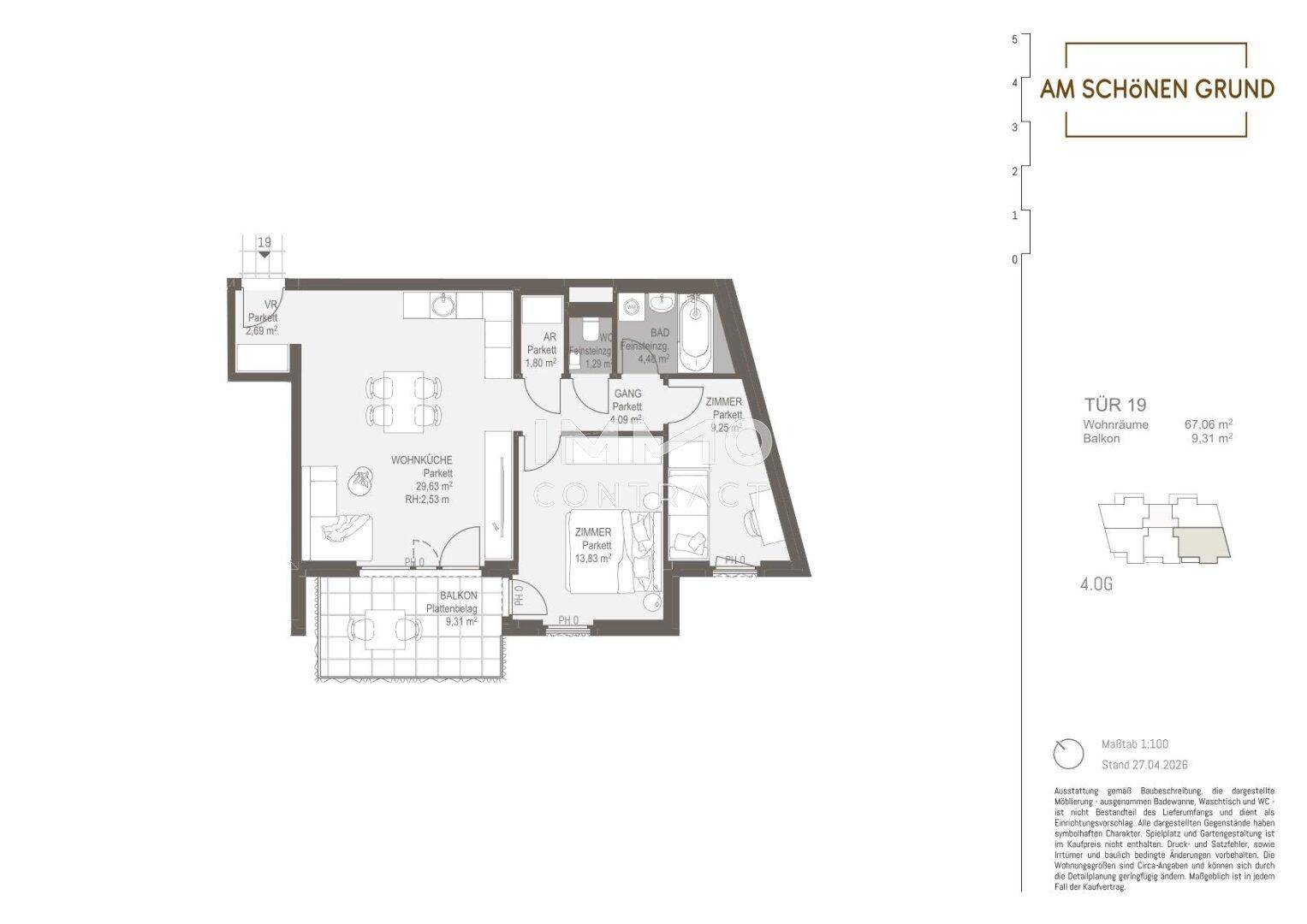Grundriss einer modernen Wohnung mit offener Wohnküche, Schlafzimmer, Bad und Balkon.