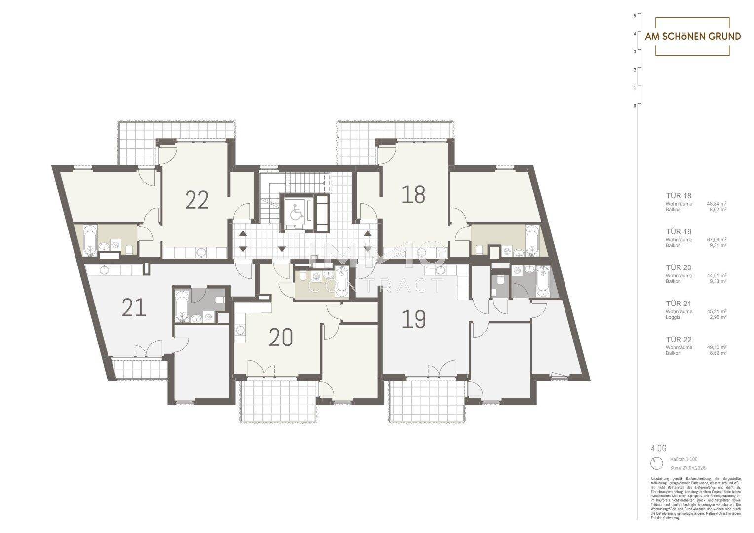 Grundriss einer Etage mit mehreren Wohneinheiten, die jeweils über Loggien oder Balkone verfügen.