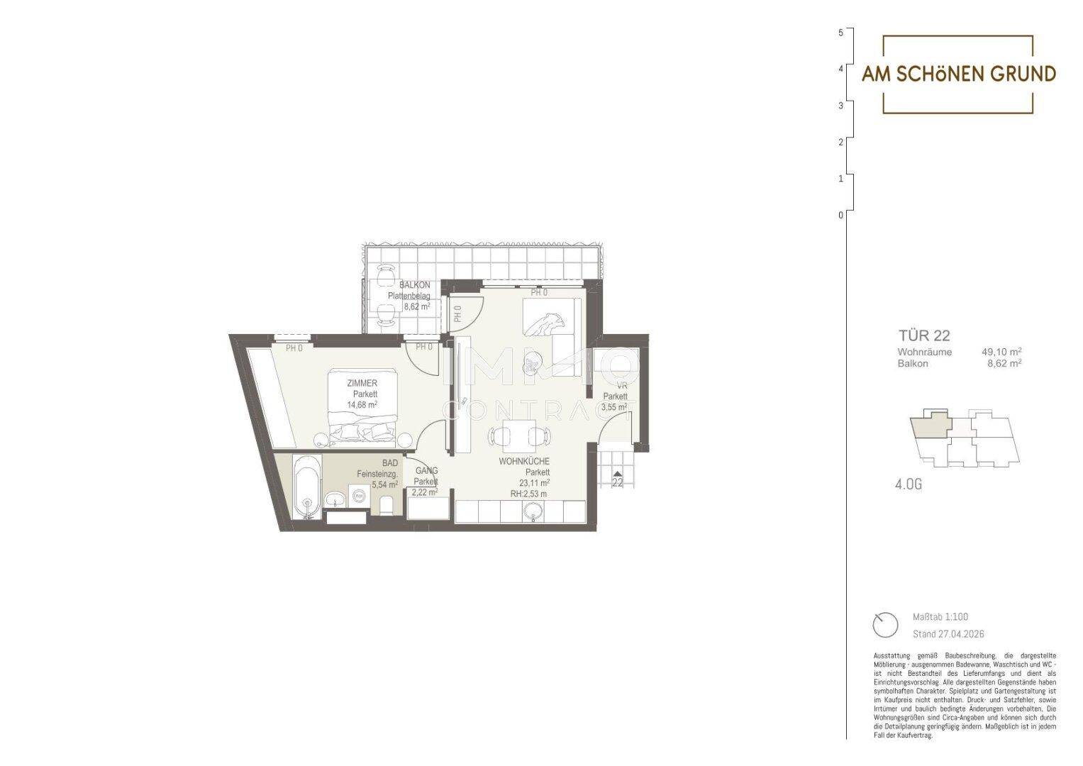 Detaillierter Grundriss einer Wohnung mit einem Schlafzimmer, offenem Wohnbereich und Balkon.