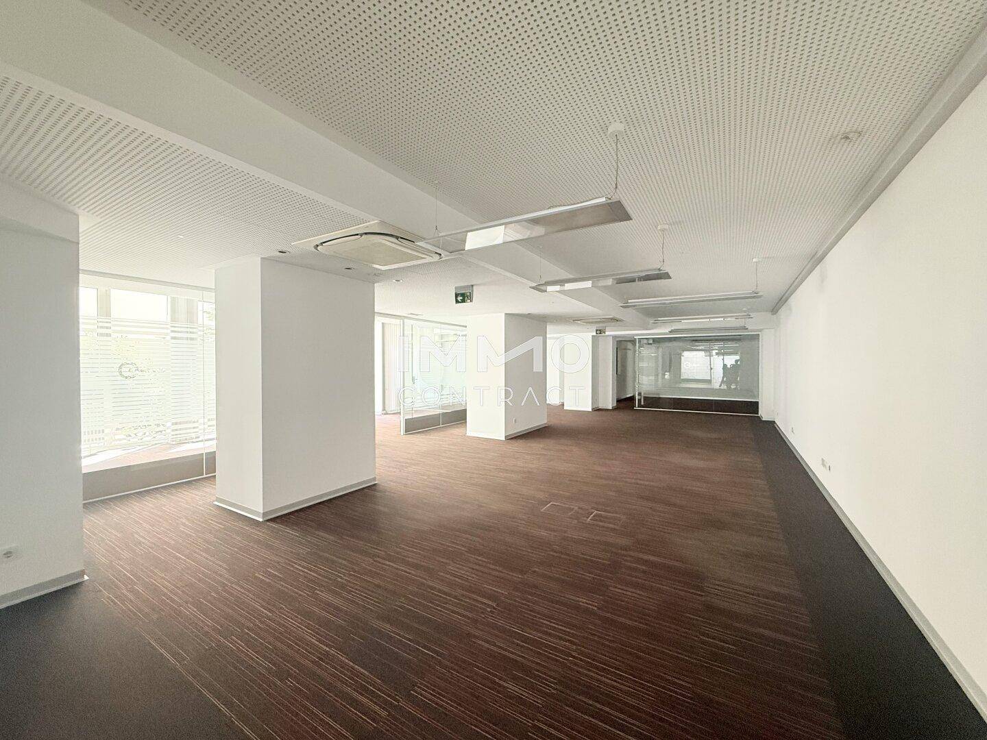 Großzügiger Büroraum mit dunklem Teppichboden und moderner Deckenbeleuchtung, hell und geräumig.