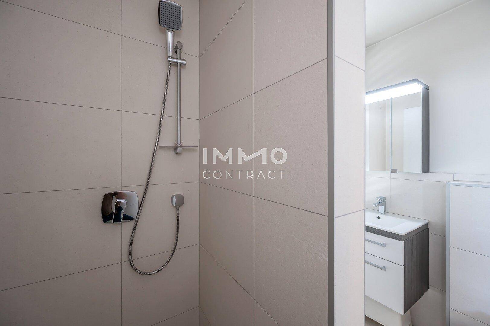 Duschbereich mit moderner Handbrause und gefliesten Wänden, angrenzend an ein Waschbecken.