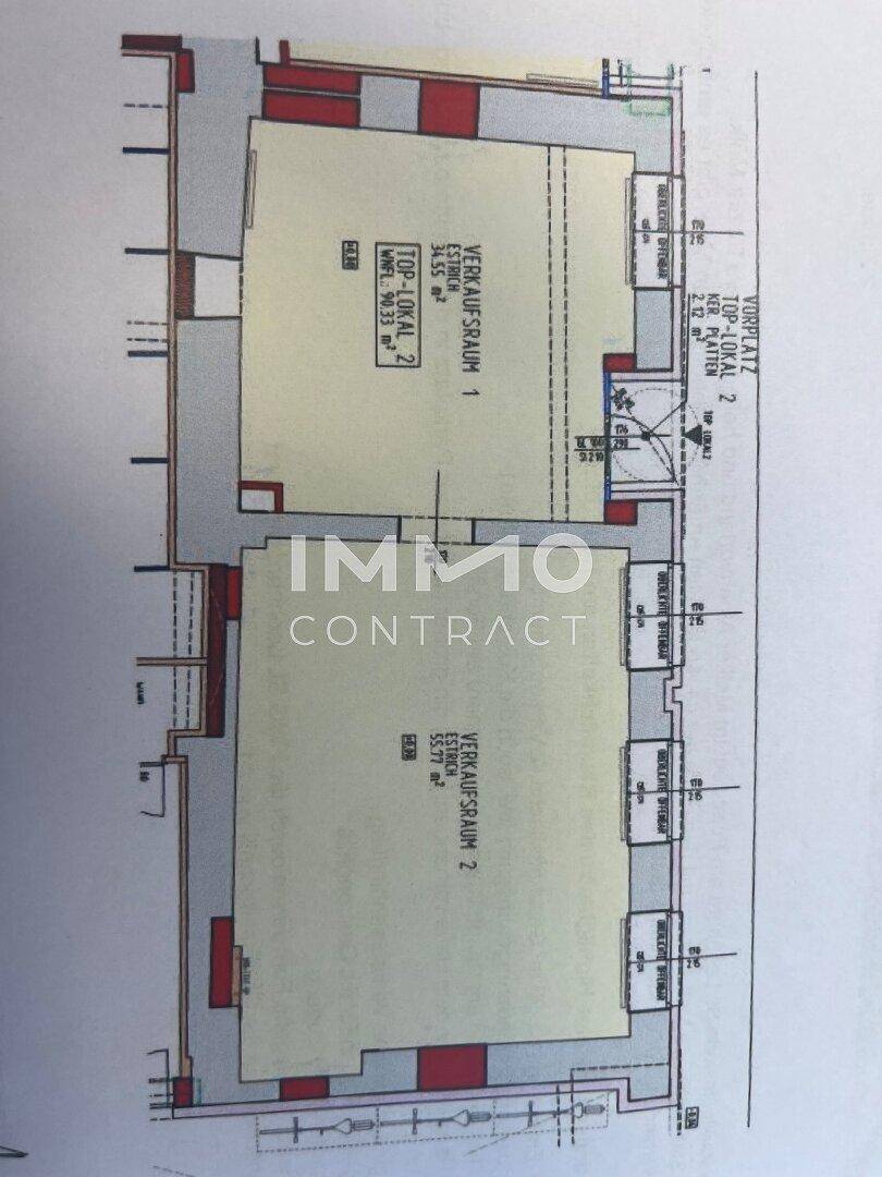 Grundrissplan zeigt zwei Verkaufsräume mit Flächenangaben und angrenzenden Bereichen.