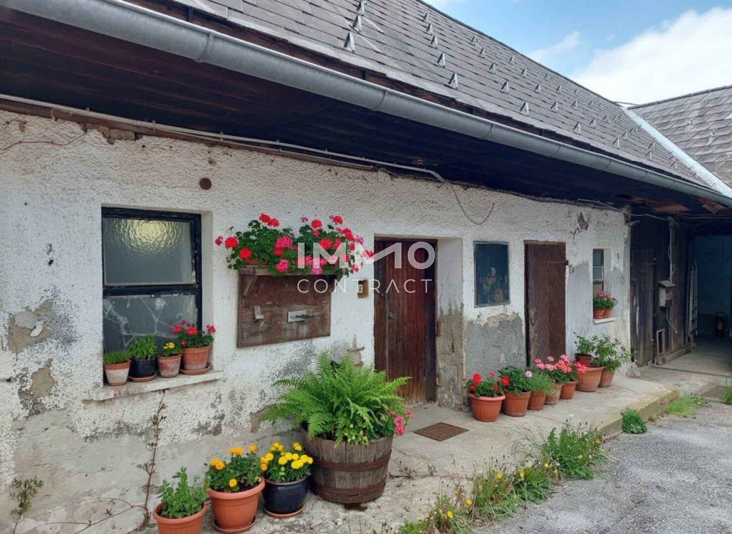 Alte Fassade eines ländlichen Gebäudes mit Blumenkästen und Holztüren.
