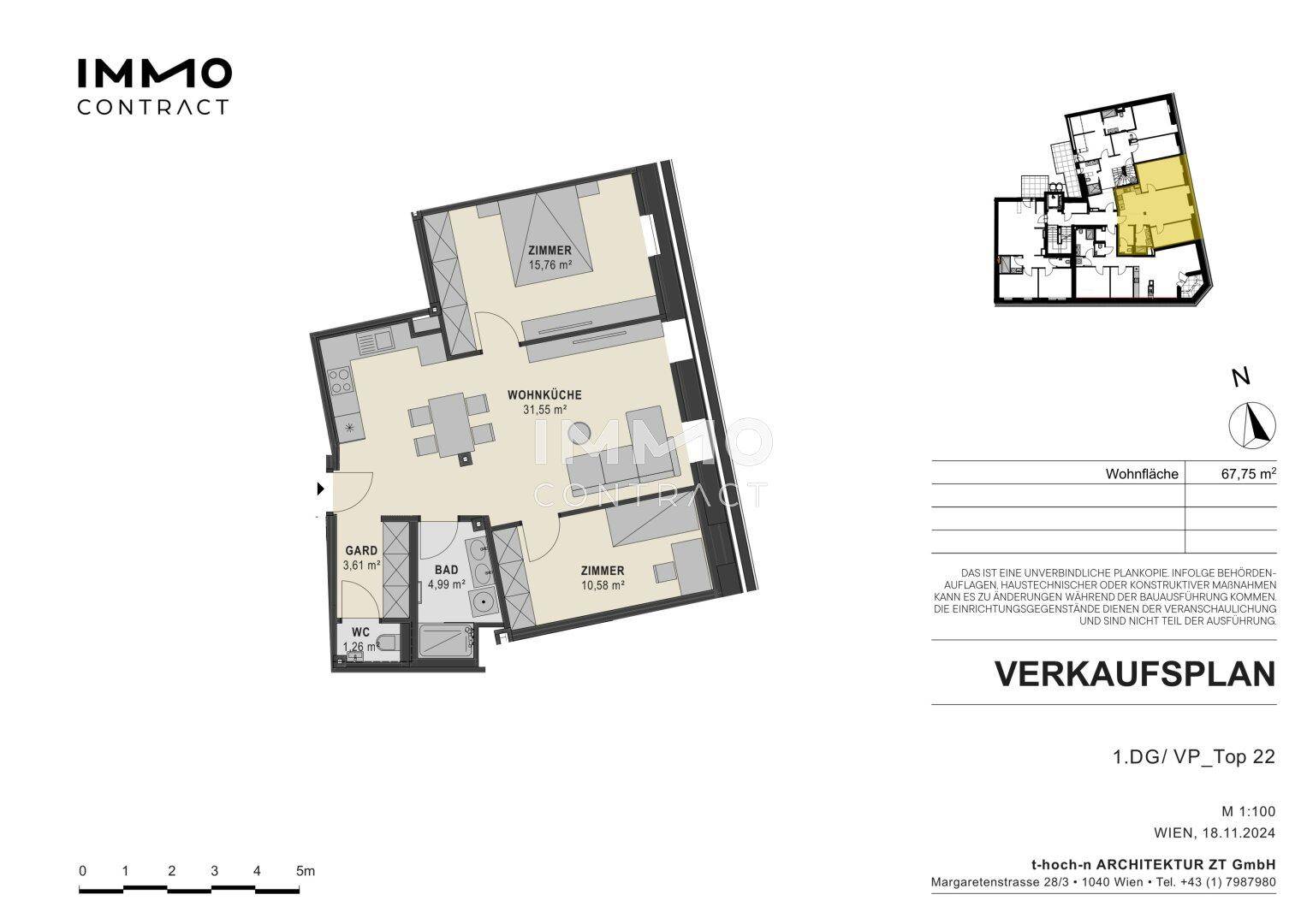 Detaillierter Grundriss einer Wohnung mit offener Wohnküche, zwei Zimmern, Bad und separatem WC.