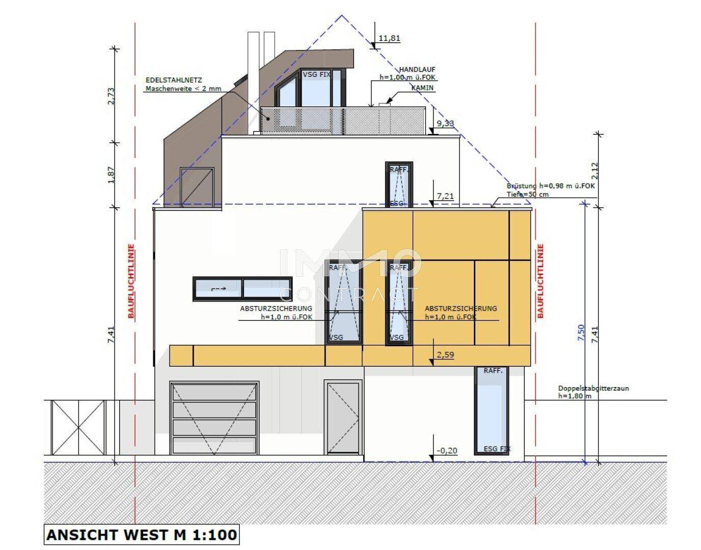 Architektonische Westansicht des Gebäudes mit modernen Fenstern und Balkonen.