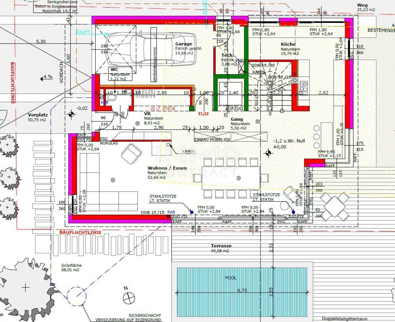 Grundriss des Erdgeschosses mit offenem Wohn-Essbereich, Küche, Garage und Pool.