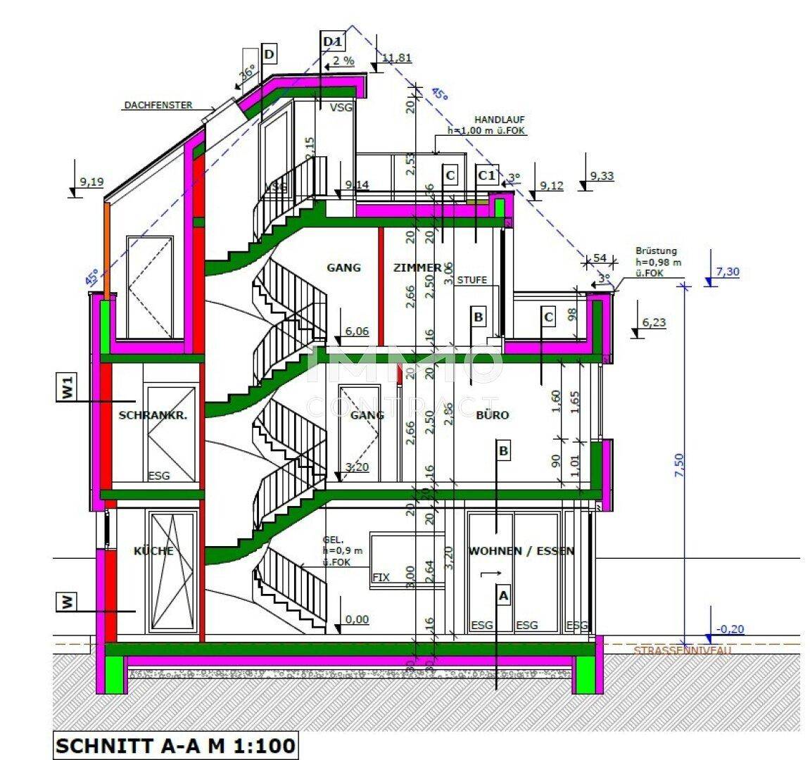 Gebäudeschnitt mit mehrstöckigem Grundriss, Treppenhaus und Balkonen.