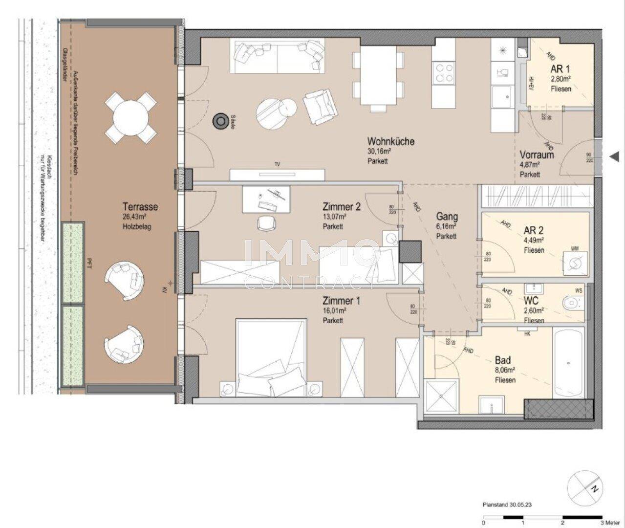 Grundriss einer Wohnung mit Wohnküche, zwei Zimmern, Bad und großer Terrasse.