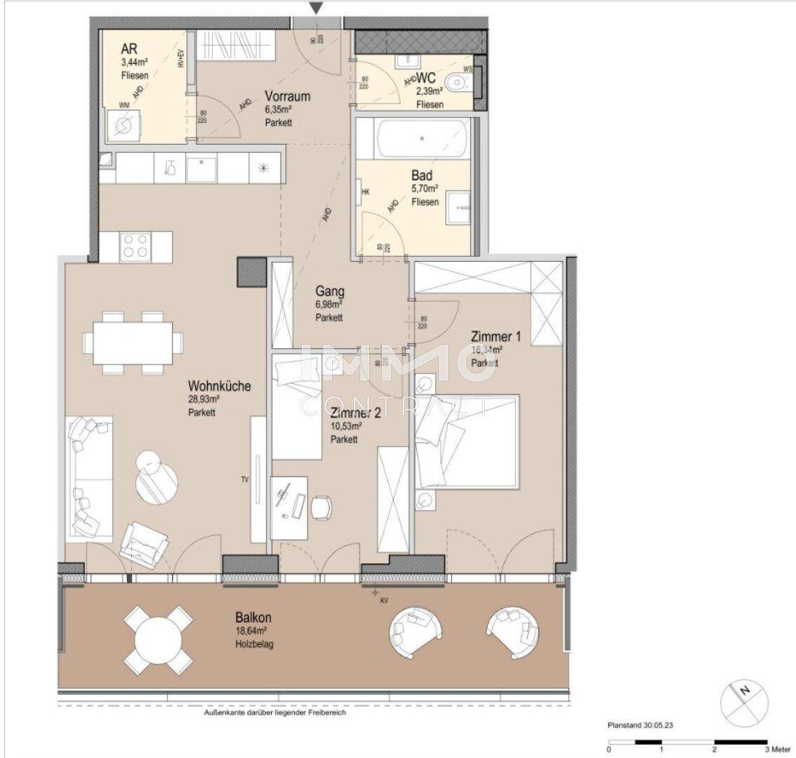 Detaillierter Grundriss einer Wohnung mit zwei Zimmern, Bad, WC und großem Balkon.