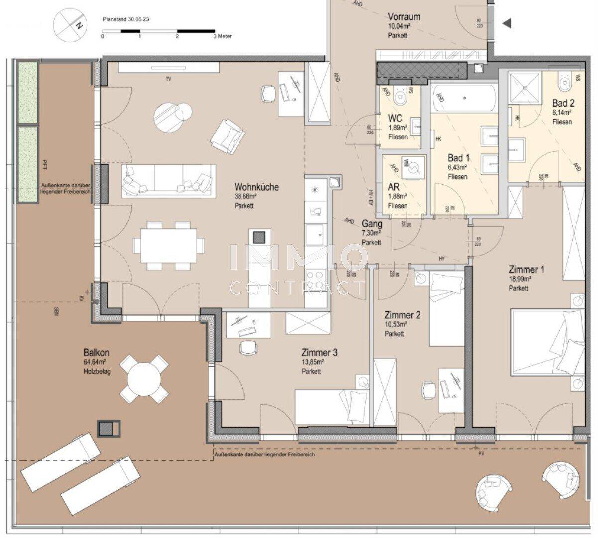 Detaillierter Grundriss einer Wohnung mit drei Zimmern, offener Wohnküche und großem Balkon.