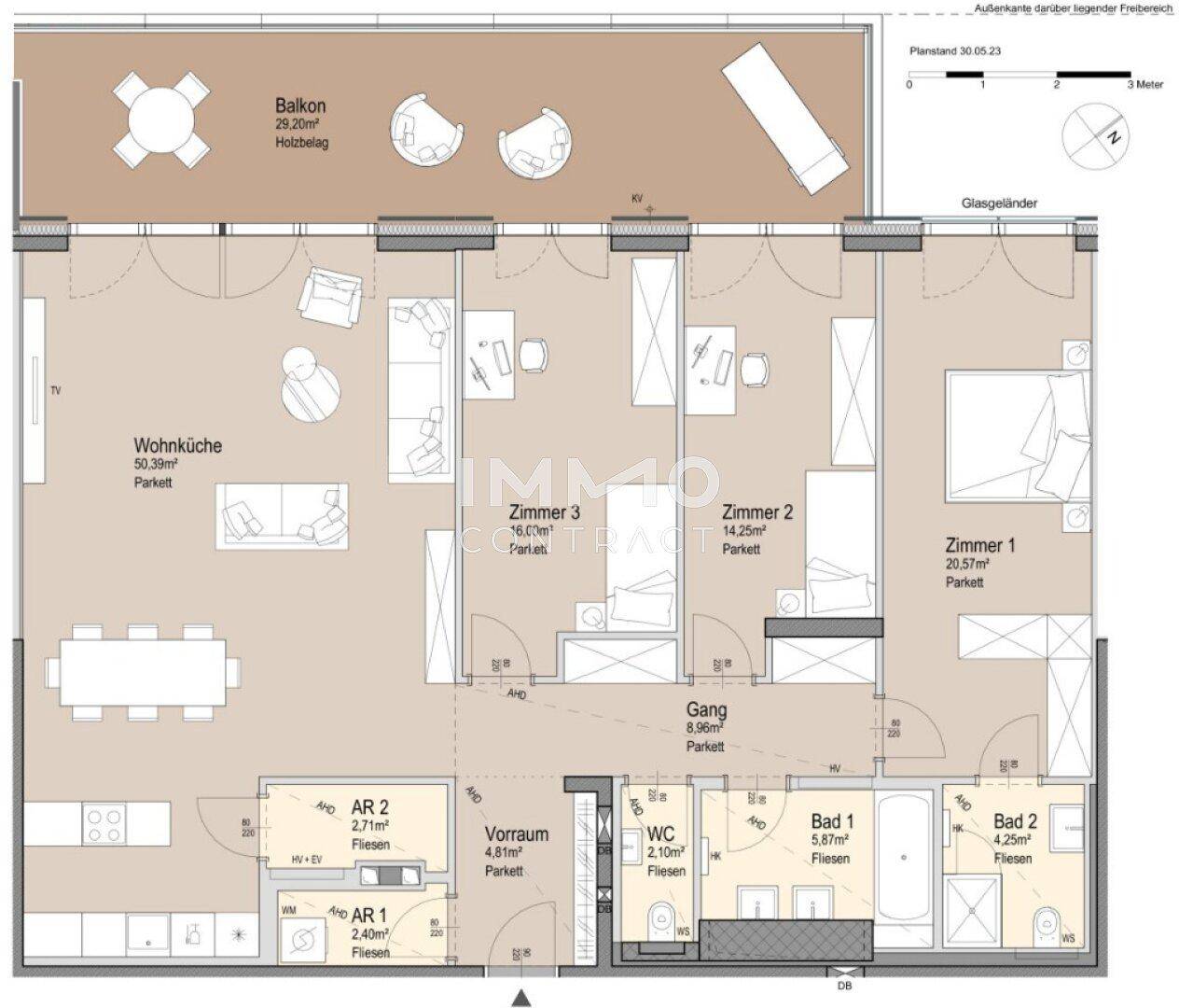 Grundriss einer Wohnung mit drei Zimmern, offener Wohnküche und einem großzügigen Balkon.