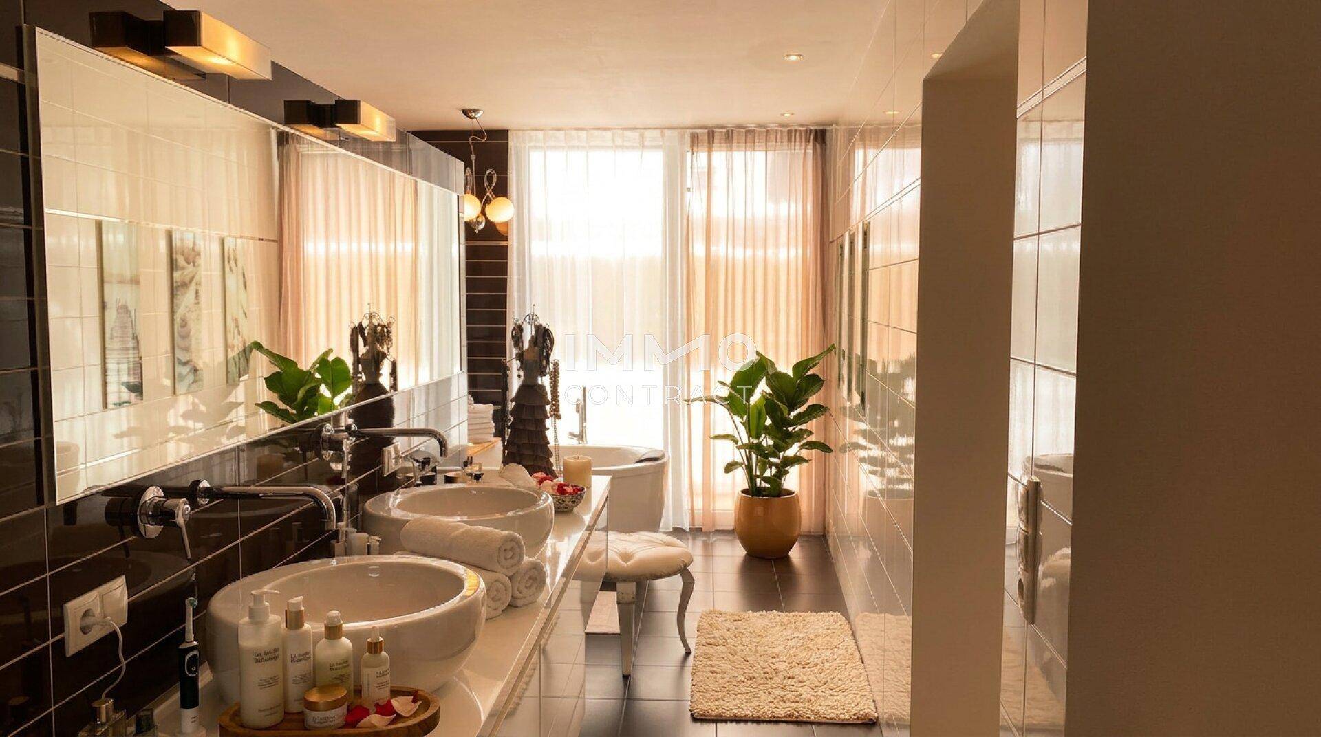 Helles, modernes Badezimmer mit Doppelwaschbecken, großer Badewanne und viel Tageslicht durch bodentiefe Fenster.