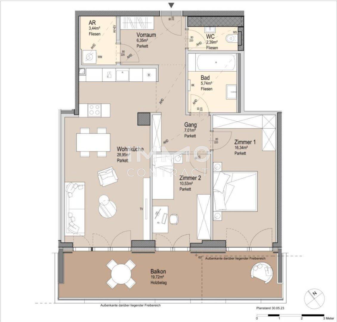 Grundriss einer Wohnung mit Wohnküche, zwei Zimmern, Bad, WC und großem Balkon.