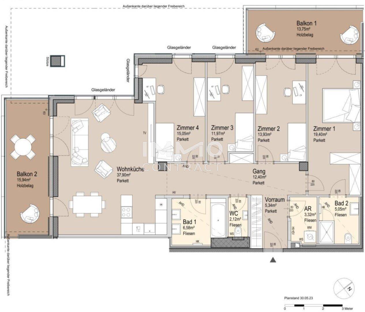 Grundriss einer Wohnung mit vier Zimmern, offener Wohnküche, zwei Bädern, separatem WC und zwei Balkonen.