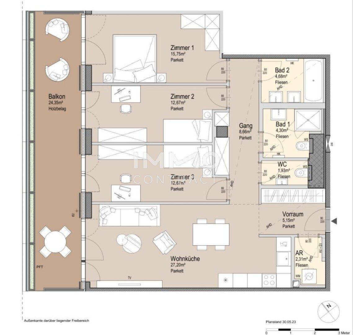 Grundriss einer Wohnung mit drei Zimmern, Wohnküche, zwei Bädern und großem Balkon.