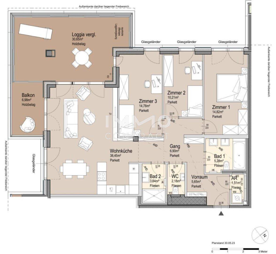 Detaillierter Grundriss einer Wohnung mit offener Wohnküche, drei Zimmern, zwei Bädern, Loggia und Balkon.