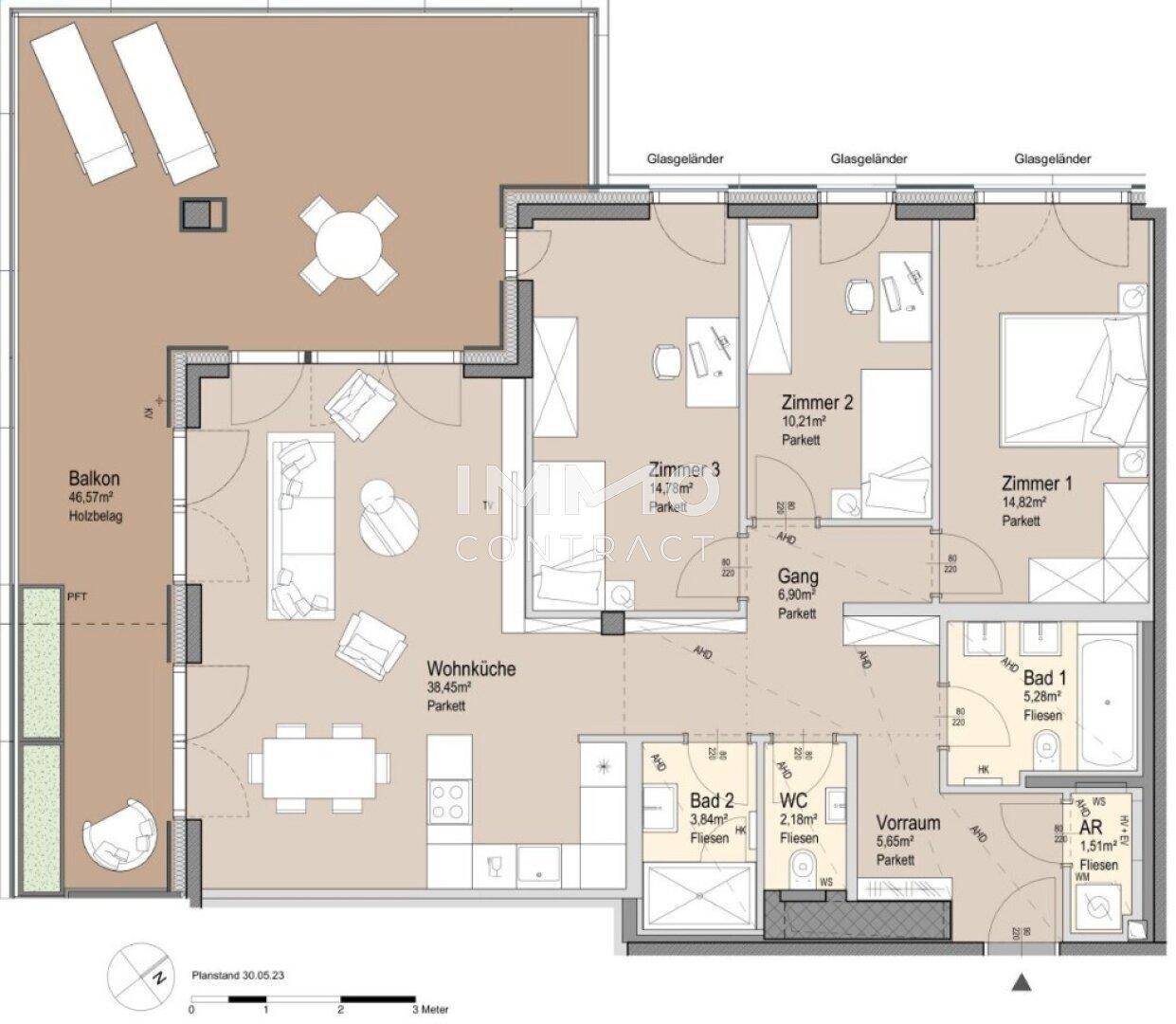 Detaillierter Grundriss einer Wohnung mit drei Zimmern, zwei Bädern und großem Balkon.