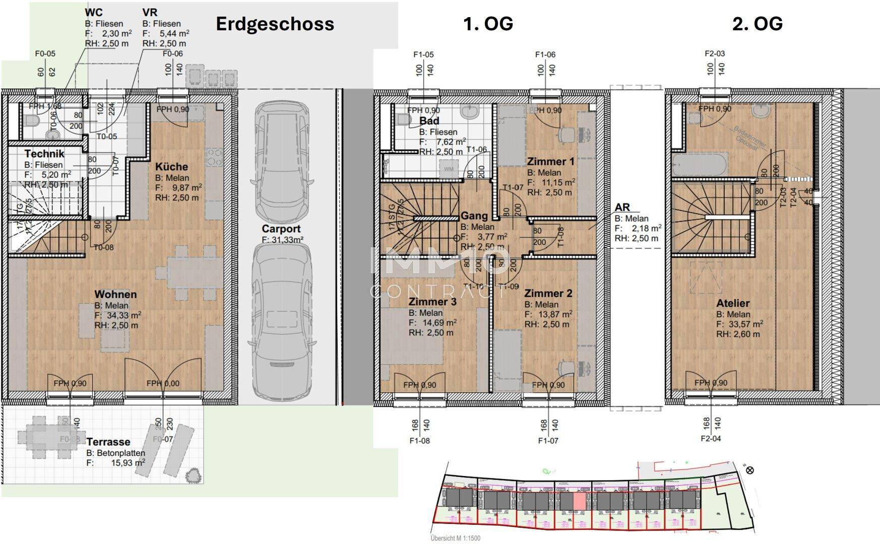 Detaillierter Grundriss des Erdgeschosses, ersten und zweiten Obergeschosses mit Carport.