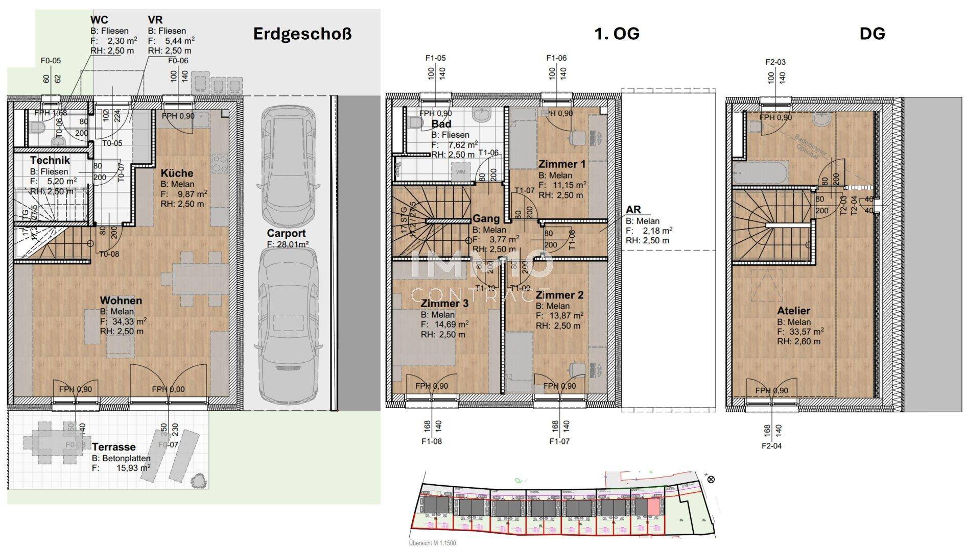 Detaillierter Grundriss des Hauses über drei Etagen mit Carport und Terrasse.