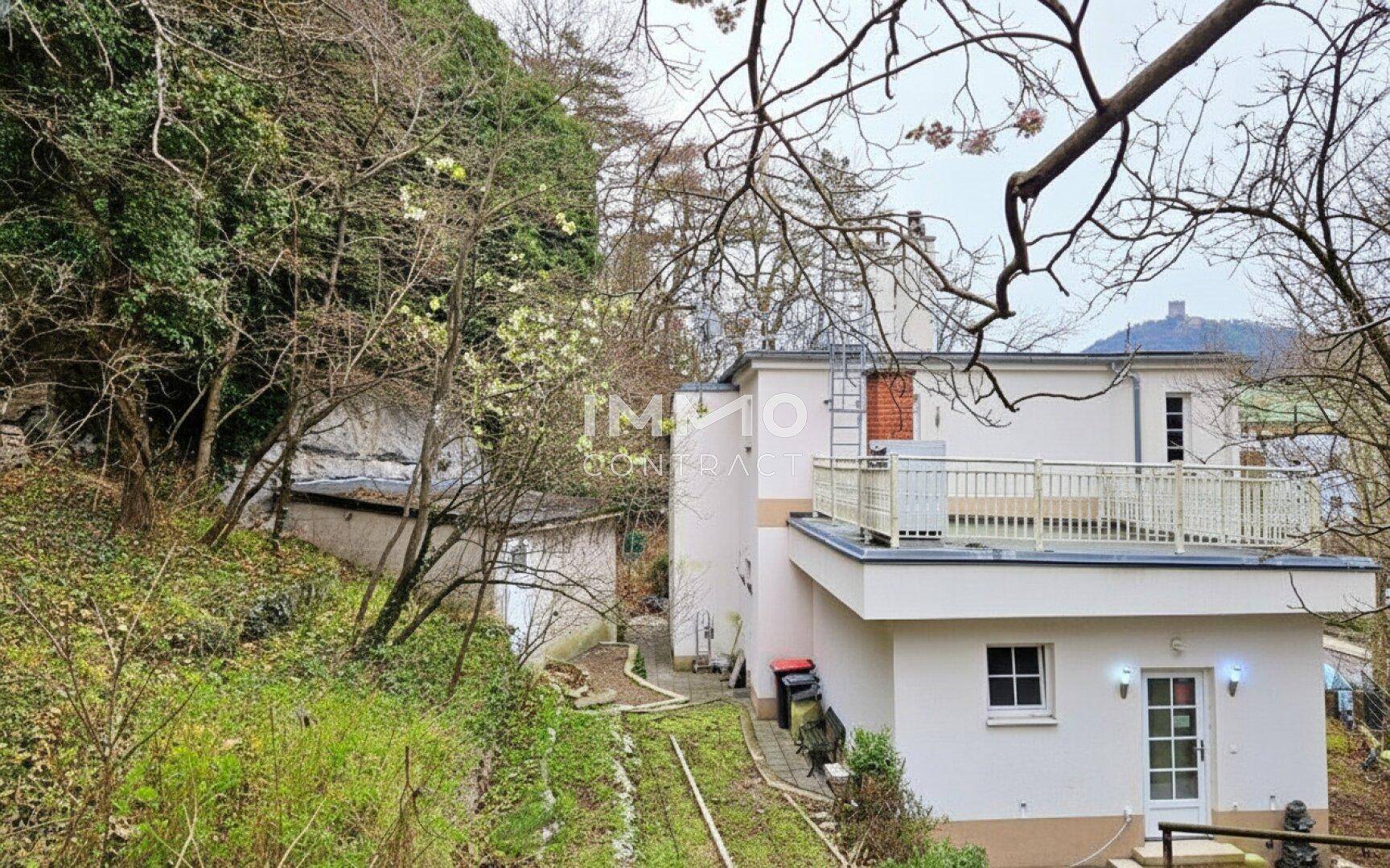 Rückansicht des Hauses von einem Hang aus, mit einer Terrasse und umgebender Natur.