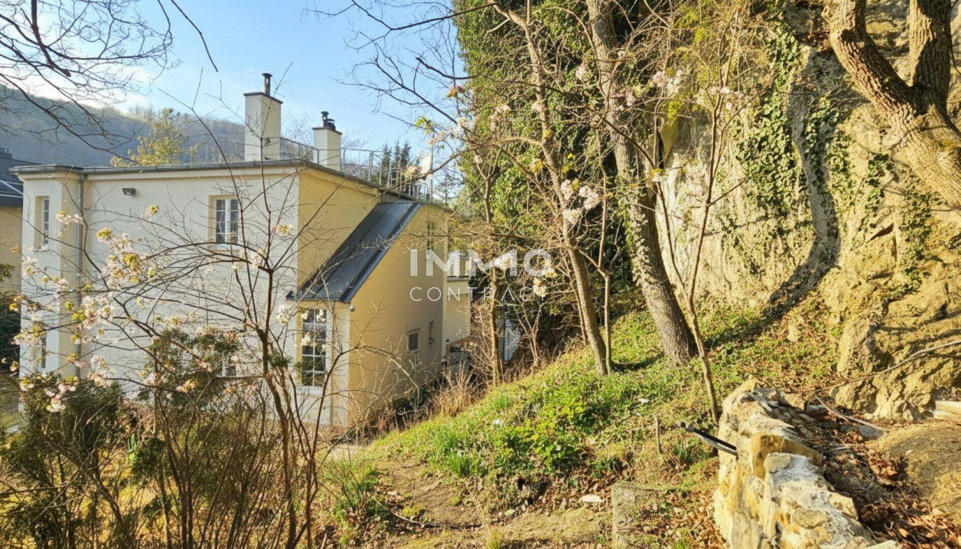 Ansicht des Hauses von einem Hang aus, umgeben von Bäumen und natürlicher Vegetation.