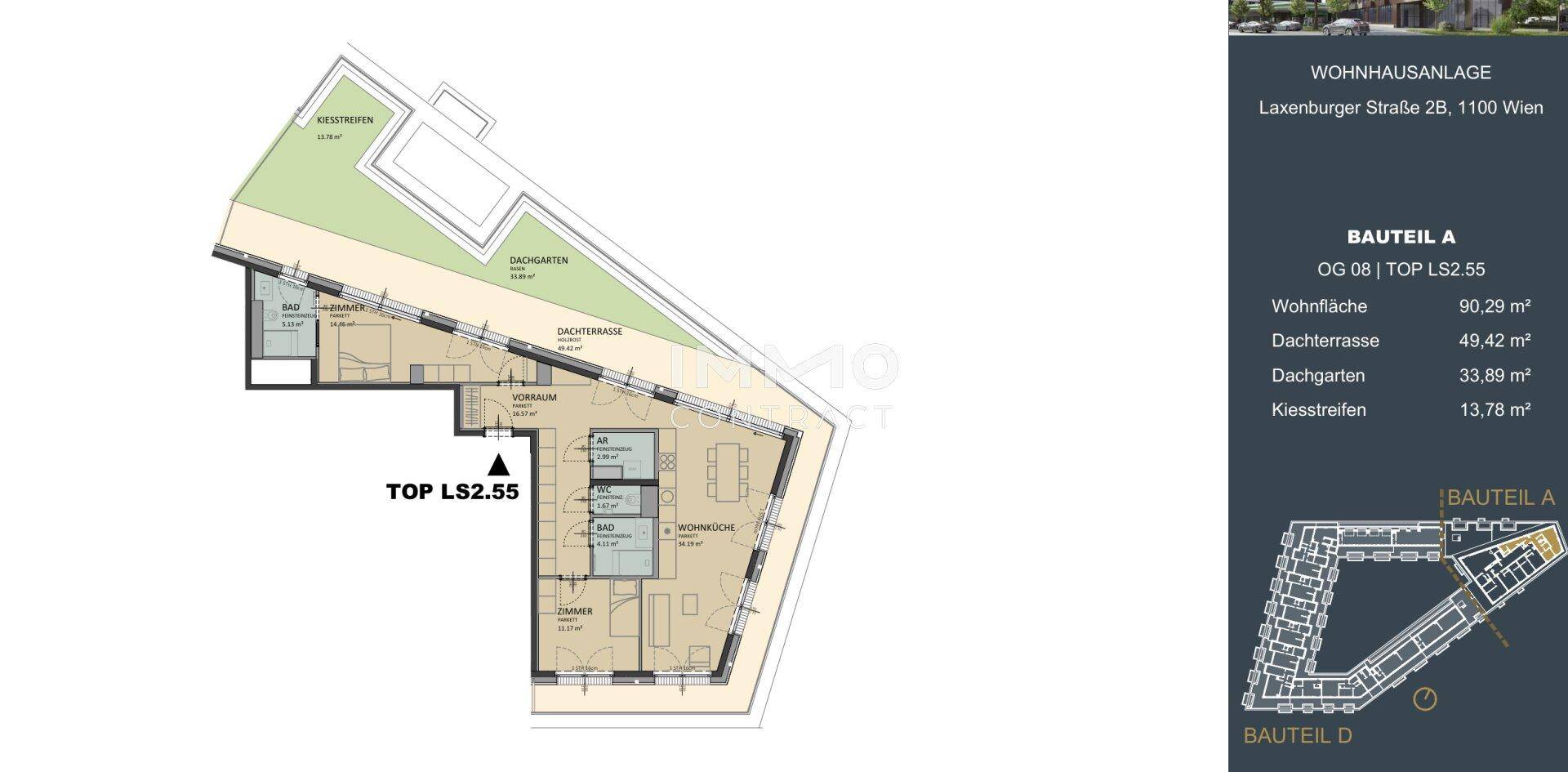 Grundriss einer Wohnung mit Dachterrasse, Dachgarten und detaillierten Flächenangaben.