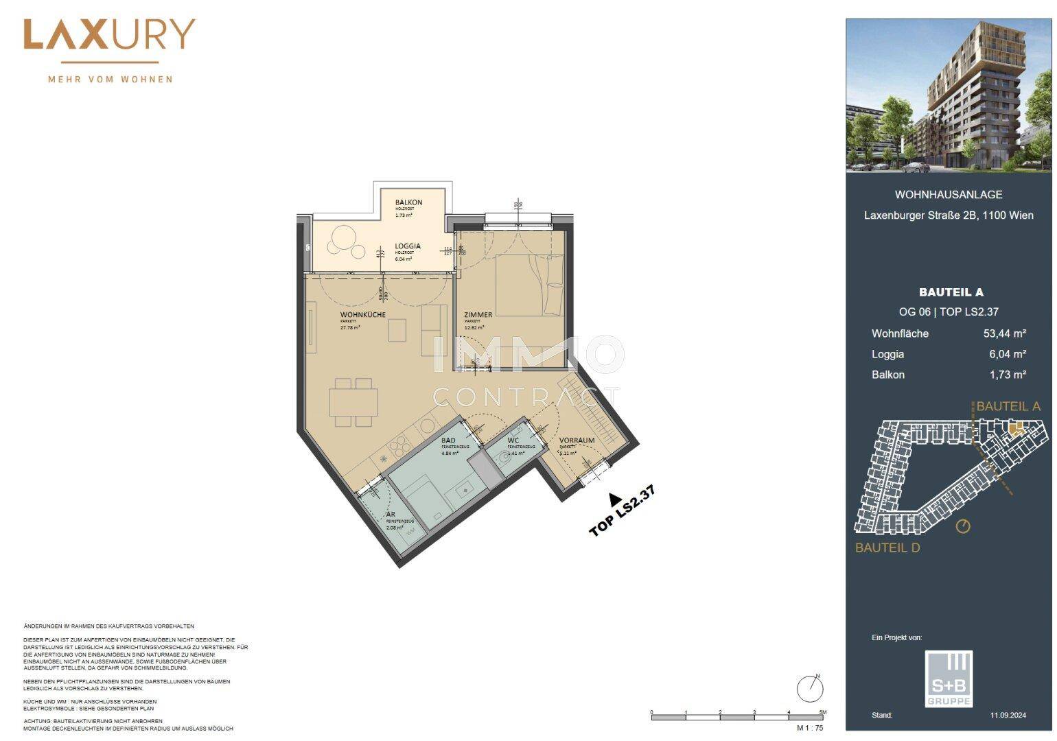 Grundriss einer Wohnung mit Wohnküche, Schlafzimmer, Bad, WC, Loggia und Balkon.