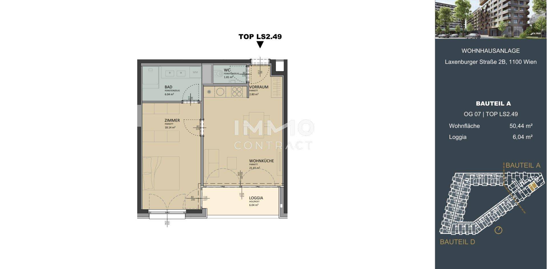 Detaillierter Grundriss einer Wohnung mit Wohnküche, Bad, WC und Loggia.