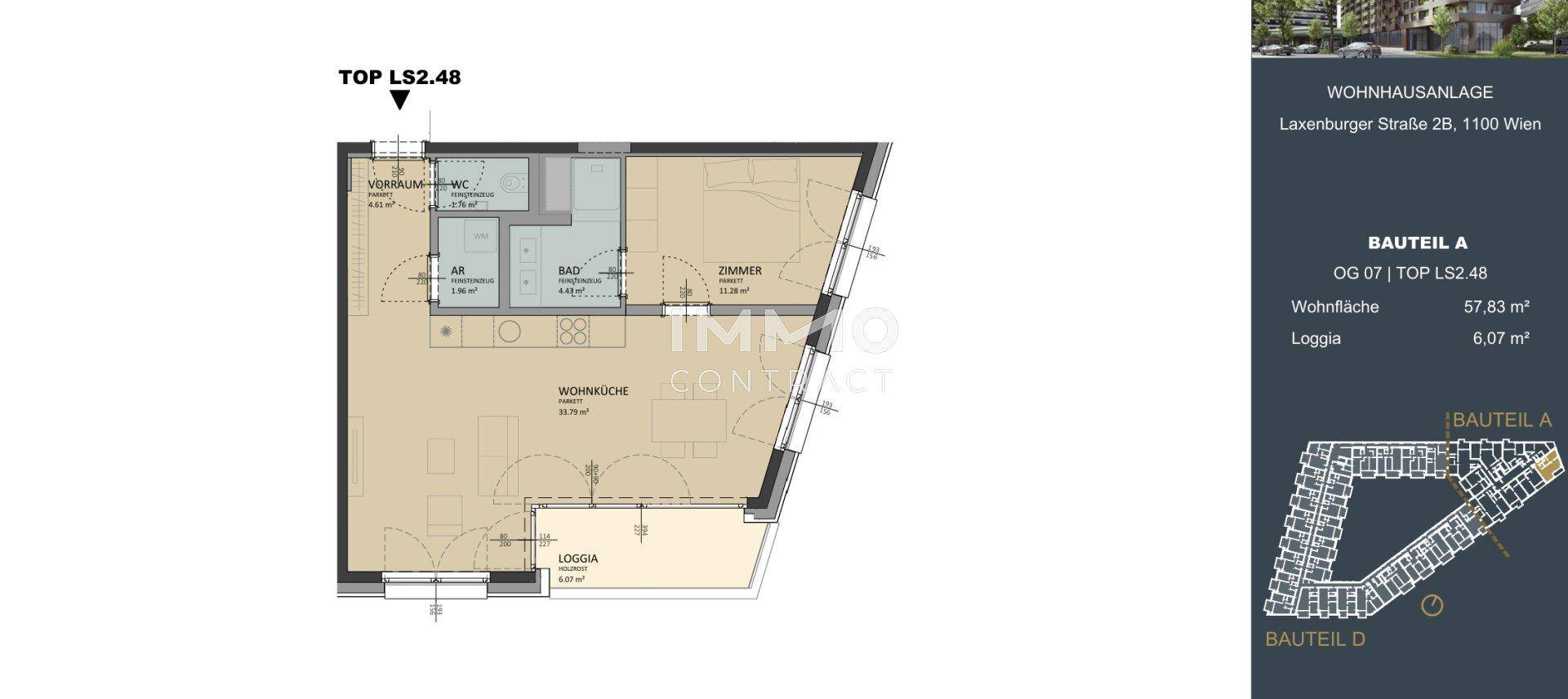 Grundriss einer Wohnung mit Wohnküche, Bad und Loggia, Gesamtfläche 57,83 m².