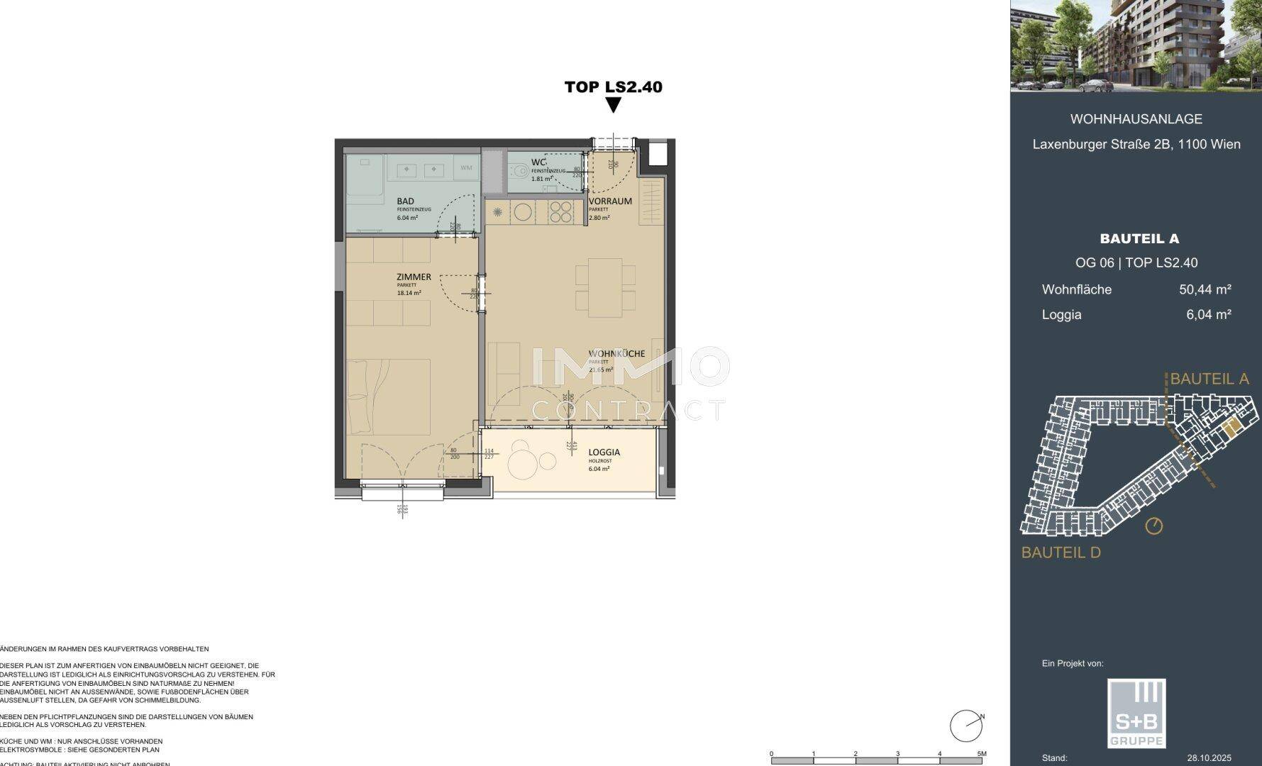 Grundriss der Wohnung TOP LS2.40 mit einem Zimmer, Bad, WC und einer Loggia.