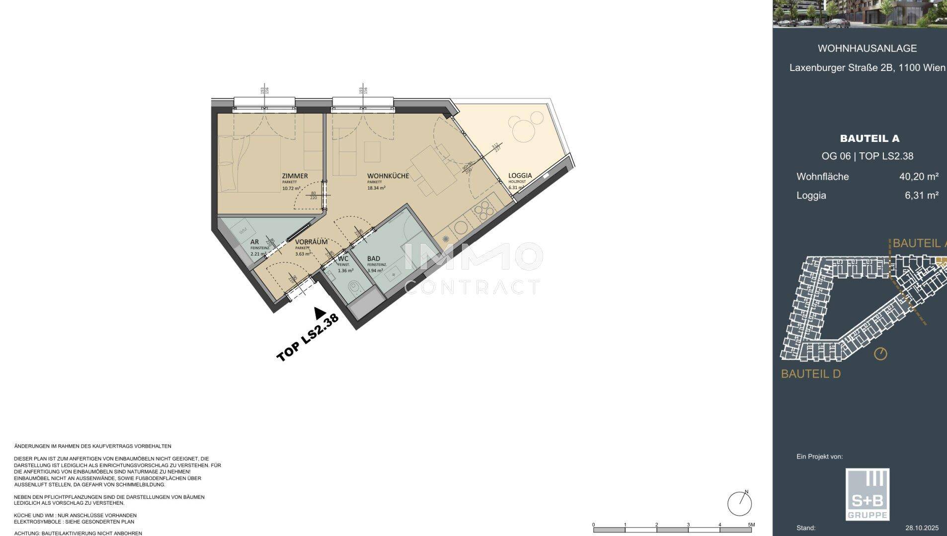 Detaillierter Grundriss einer Wohnung mit Wohnküche, Bad und Loggia.