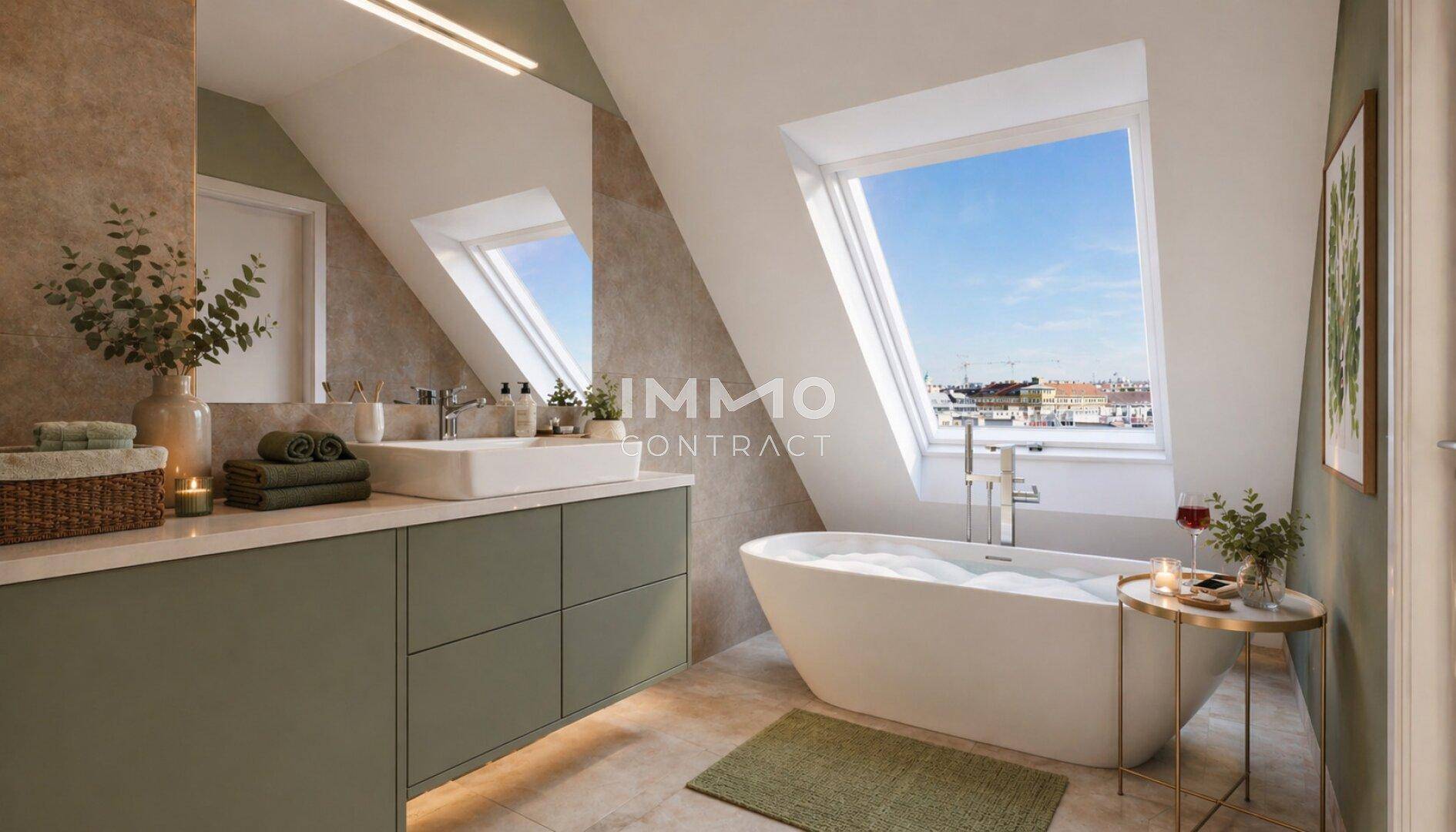 Modernes Badezimmer im Dachgeschoss mit freistehender Badewanne und großem Dachfenster.