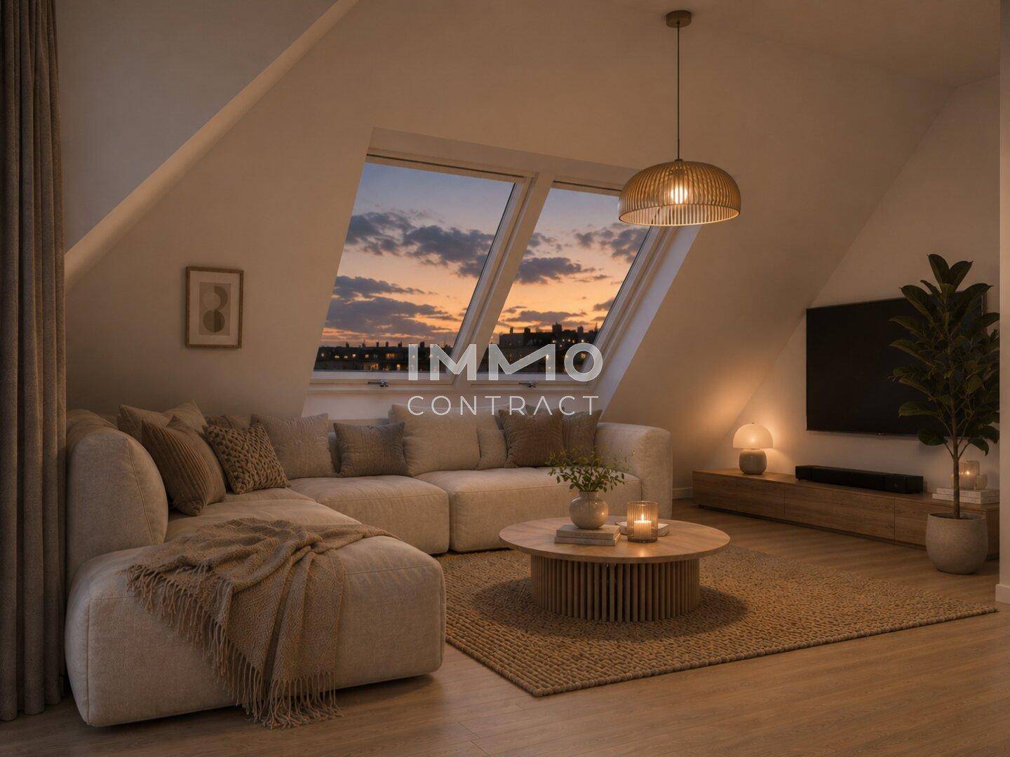 Gemütliches Wohnzimmer im Dachgeschoss mit beigem Sofa, Holzboden und Blick auf den Sonnenuntergang.
