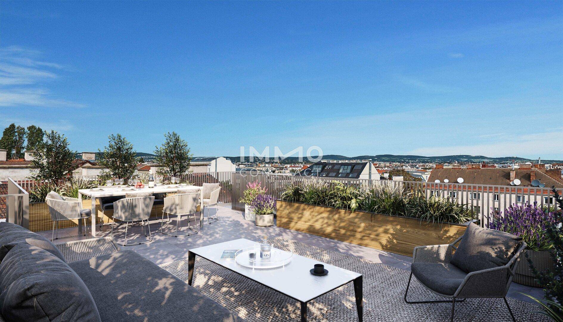 Geräumige Dachterrasse mit Esstisch, Lounge-Bereich und weitem Blick über die Stadt.