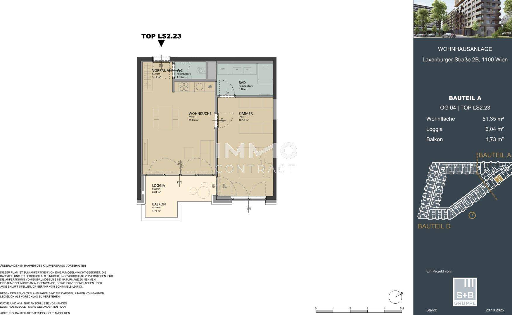 Grundriss einer Wohnung mit Wohnküche, Zimmer, Bad, WC, Loggia und Balkon.