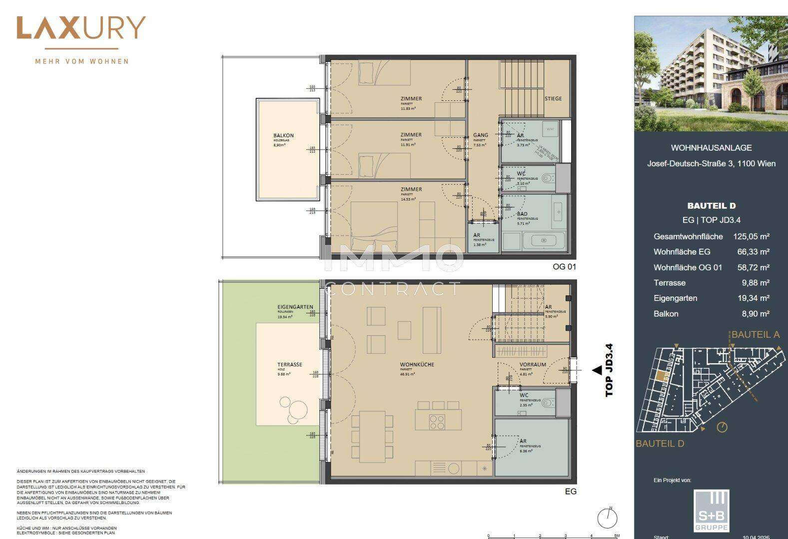 Detaillierter Grundriss einer Maisonette-Wohnung mit Balkon, Terrasse und eigenem Garten.