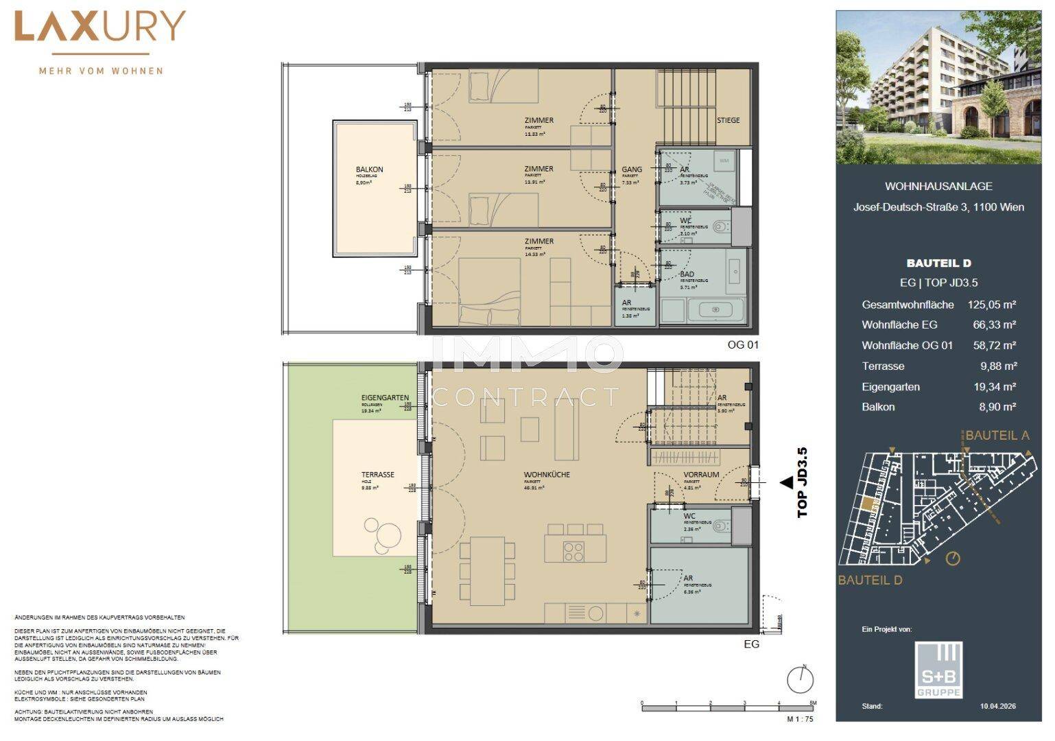 Detaillierter Grundriss einer Maisonette-Wohnung mit Terrasse, Garten und Balkon.