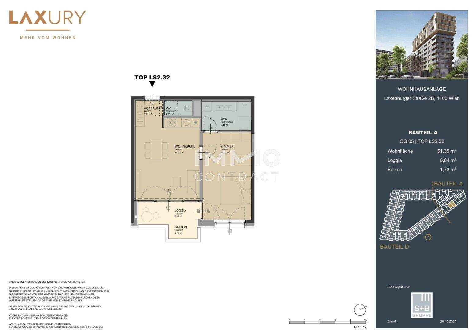 Grundriss einer Wohnung mit Wohnküche, Zimmer, Bad, Loggia und Balkon.